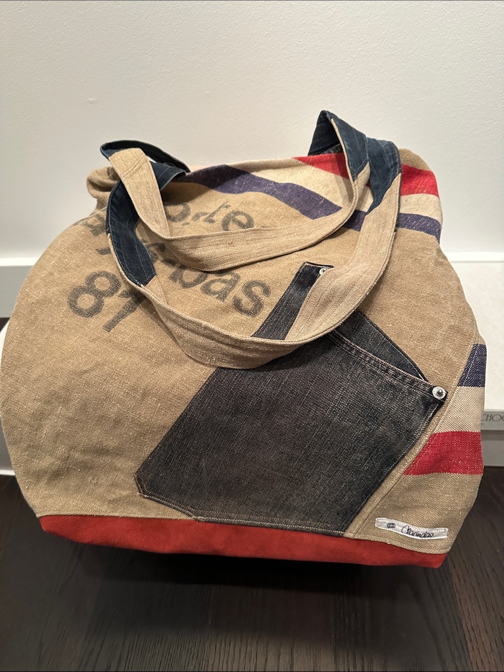 Clarindas Hand Made Repurposed Canvas Tote Bag with Denim Pocket